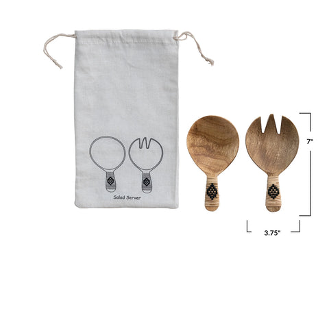 Mango Wood Salad Servers w/ Bamboo Wrapped Handles, Set of 2 in Printed Drawstring Bag