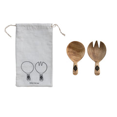 Mango Wood Salad Servers w/ Bamboo Wrapped Handles, Set of 2 in Printed Drawstring Bag