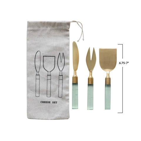 Stainless Steel Cheese Utensils w/ Resin Handles, Set of 3 in Printed Drawstring Bag