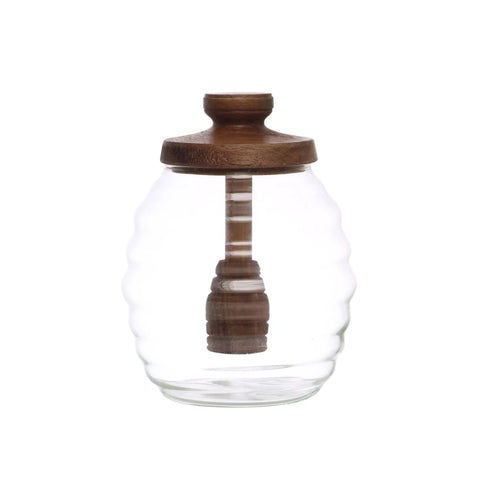 4" Round x 6"H 14 oz. Glass Honey Jar w/ Acacia Wood Lid & Attached Honey Dipper, Natural