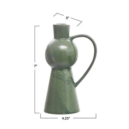 Stoneware Taper Holder w/ Handle, Reactive Glaze, Green