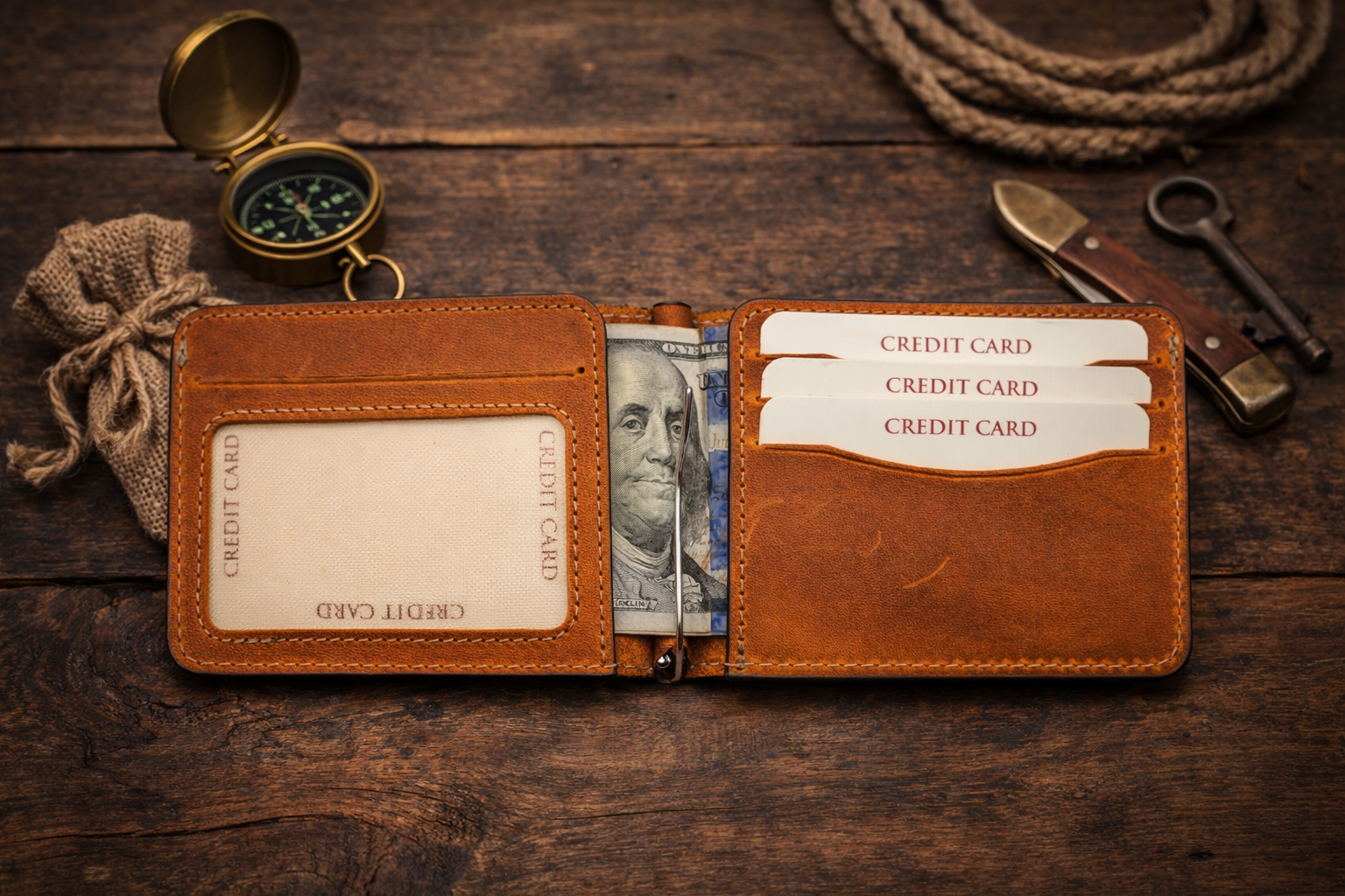 Leather Money Clip Wallet : Light Brown