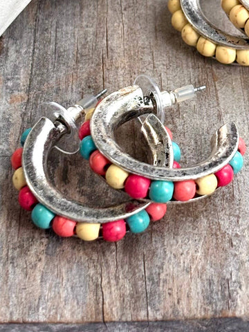 1" Stone Open Hoop Earrings: Multi-Colored