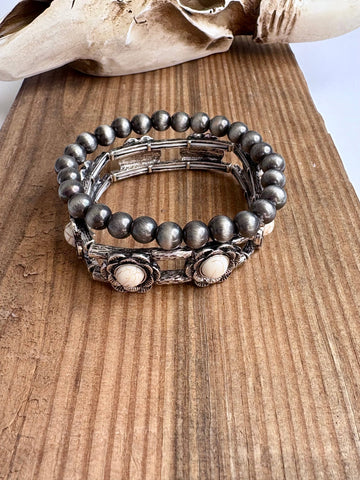 2 Layer Western Navajo & Stone Stretch Bracelet: White