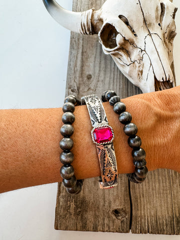 Western Navajo Glass Stone 3 Layered Stretch Bracelet : FUSCHIA PINK