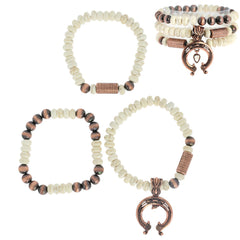 Sophia Collection - Squash Blossom Charm 2 Tone Beaded 3 Pack Bracelet Set: Copper White