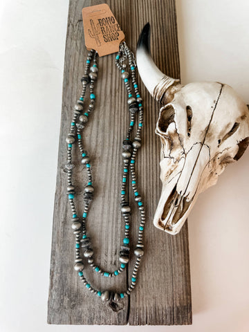 2 Layered Navajo Style Pearl and Bead Necklace: TURQUOISE