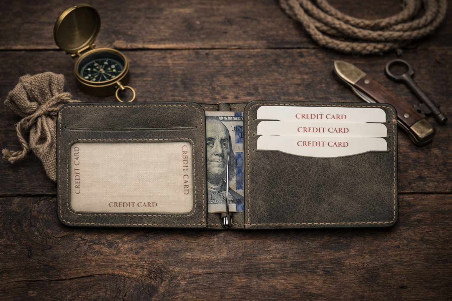 Leather Money Clip Wallet: Grey