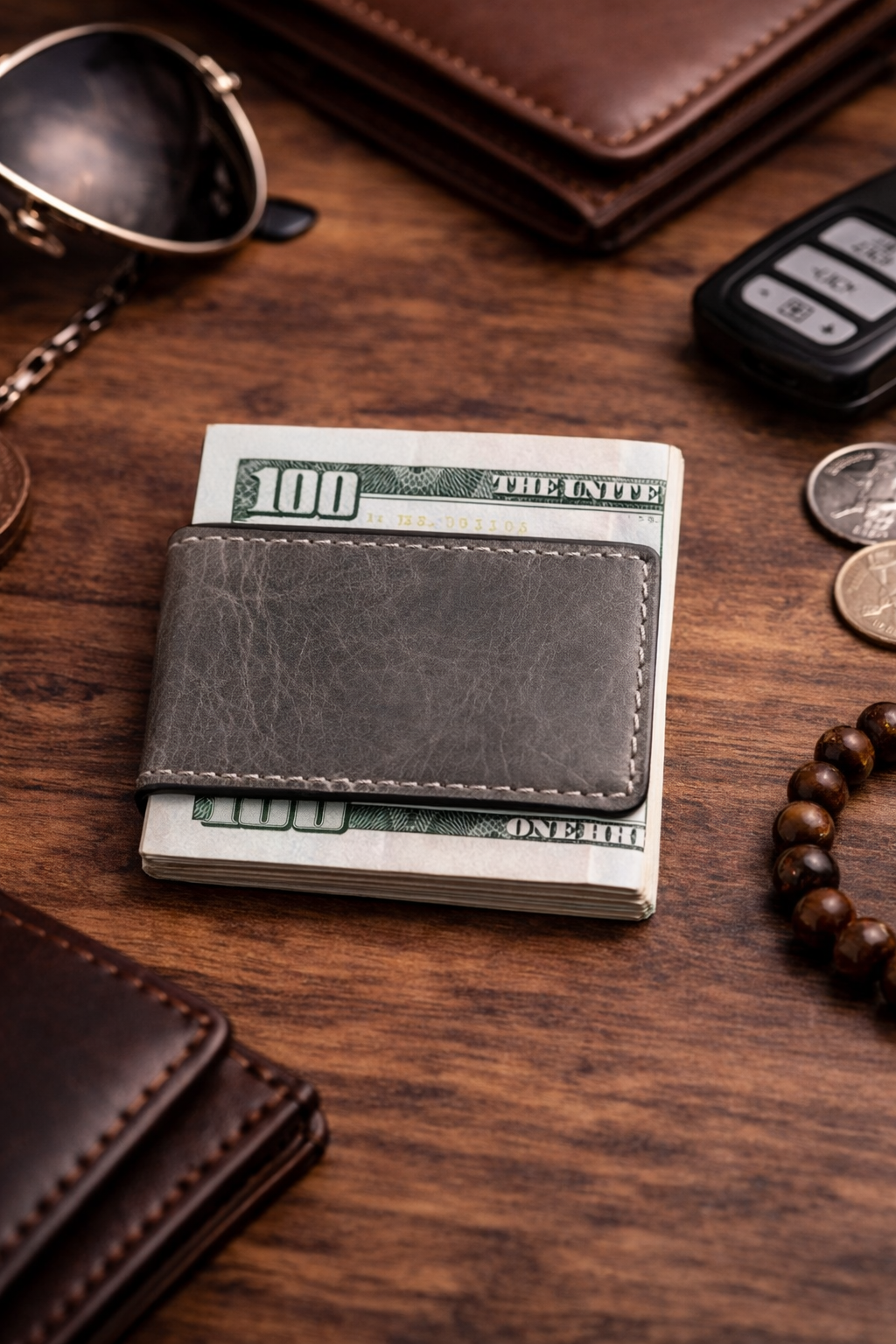 Genuine Full-Grain Leather Money Clip wallet: Gray
