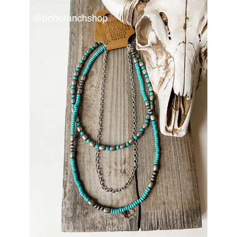 Western Semi Stone Layered Navajo Bead Neckace: Turquoise