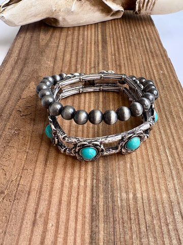 2 Layer Western Navajo & Stone Stretch Bracelet: Turquoise