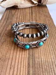 2 Layer Western Navajo & Stone Stretch Bracelet: Turquoise