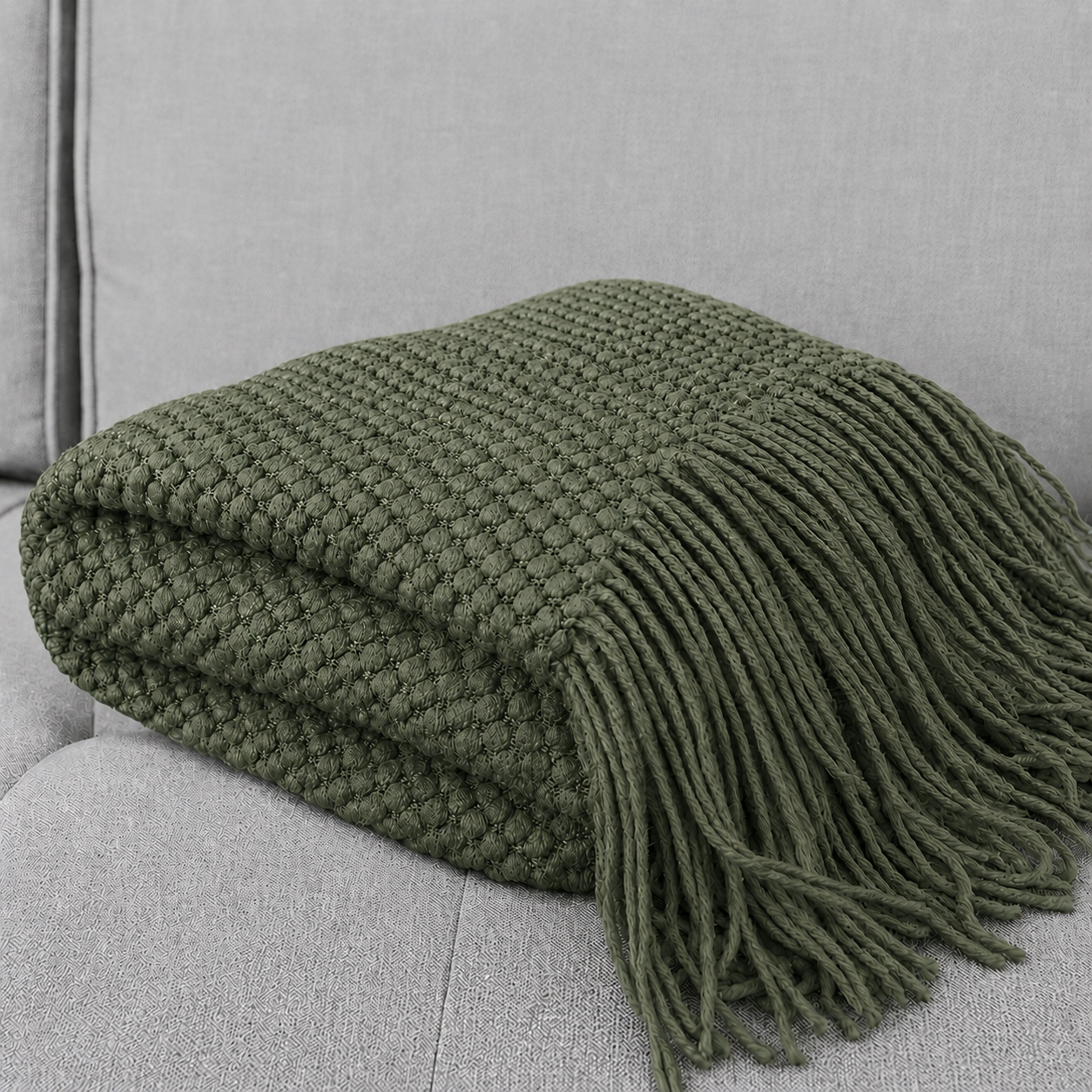 Knit Textured 50"x60" Throw Blanket with Fringe: Willow Green