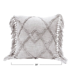 20" Cotton Blend Pillow w/ Tufted Pattern & Fringe, Polyester Fill