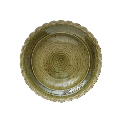 Stoneware Bowl w/ Scalloped Edge, Reactive Glaze, Green (Each One Will Vary)