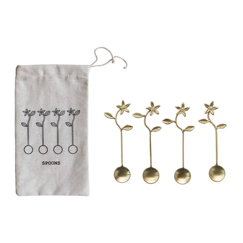 Stainless Steel & Brass Spoons, Set of 4 in Printed Drawstring Bag