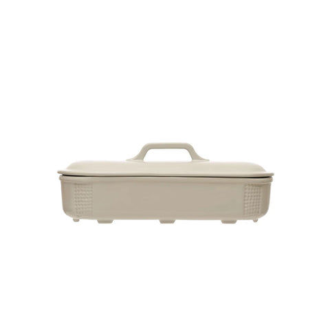 2 Quart Debossed Stoneware Baking Dish w/ Lid, Matte White