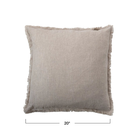 20" Square Stonewashed Linen Pillow w/ Fringe, Natura