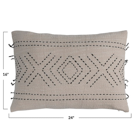 24"L x 16"H Hand-Embroidered Cotton Lumbar Pillow w/ Kantha Stitch