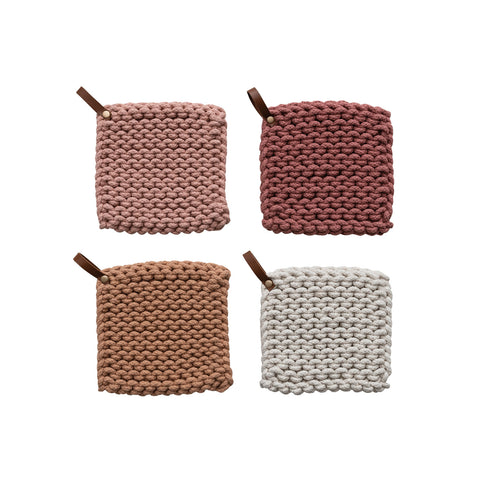 Cotton Crocheted Pot Holder w/ Leather Loop