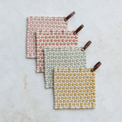 Cotton Crocheted Pot Holder w/ Leather Loop, 4 Styles