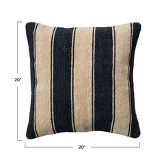 20" Square Woven Cotton Blend Chenille Pillow w/ Stripes & Cotton Back
