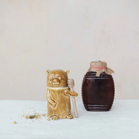 Stoneware Honey Jar w/ Wood Honey Dipper, Set of 2 (Each One Will Vary)
