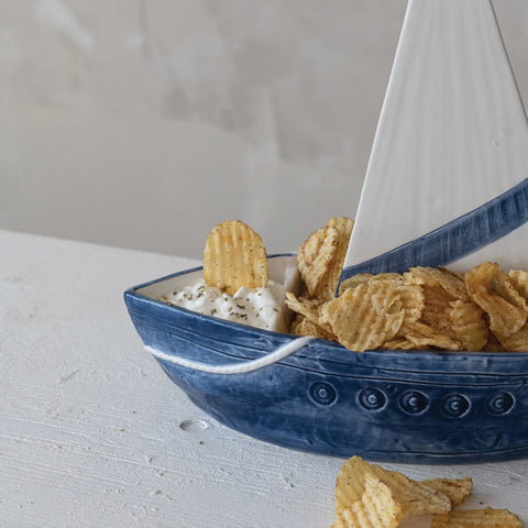 Stoneware Sailboat Shaped Chip & Dip with Removable Sail