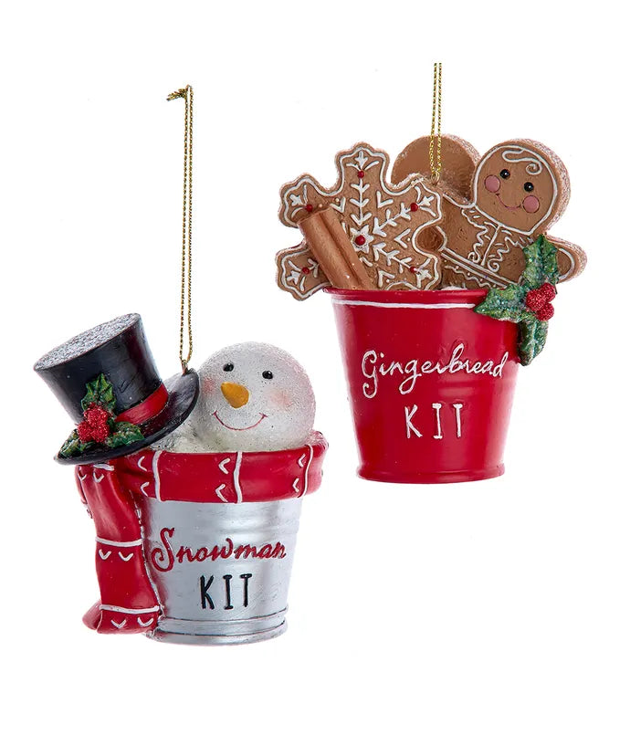 Snowman and Gingerbread In Pail Ornaments