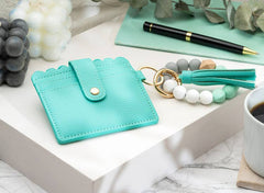 Leather Keychain Wallet With Wristlet Bangle Bracelet: Teal