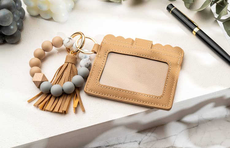 Leather Keychain Wallet With Wristlet Bangle Bracelet: Caramel