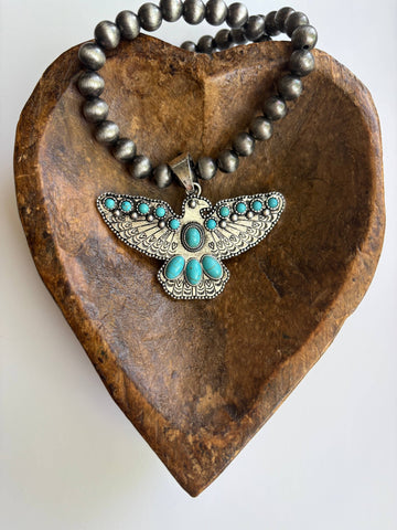 Western Thunderbird Pendant Navajo Style Pearl Bead Necklace: Turquoise