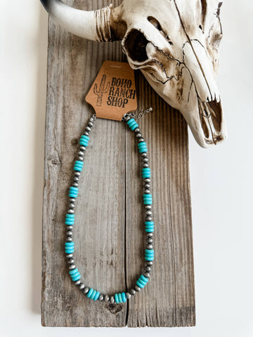 Western Navajo Style Pearl with Stone Necklace: Turquoise