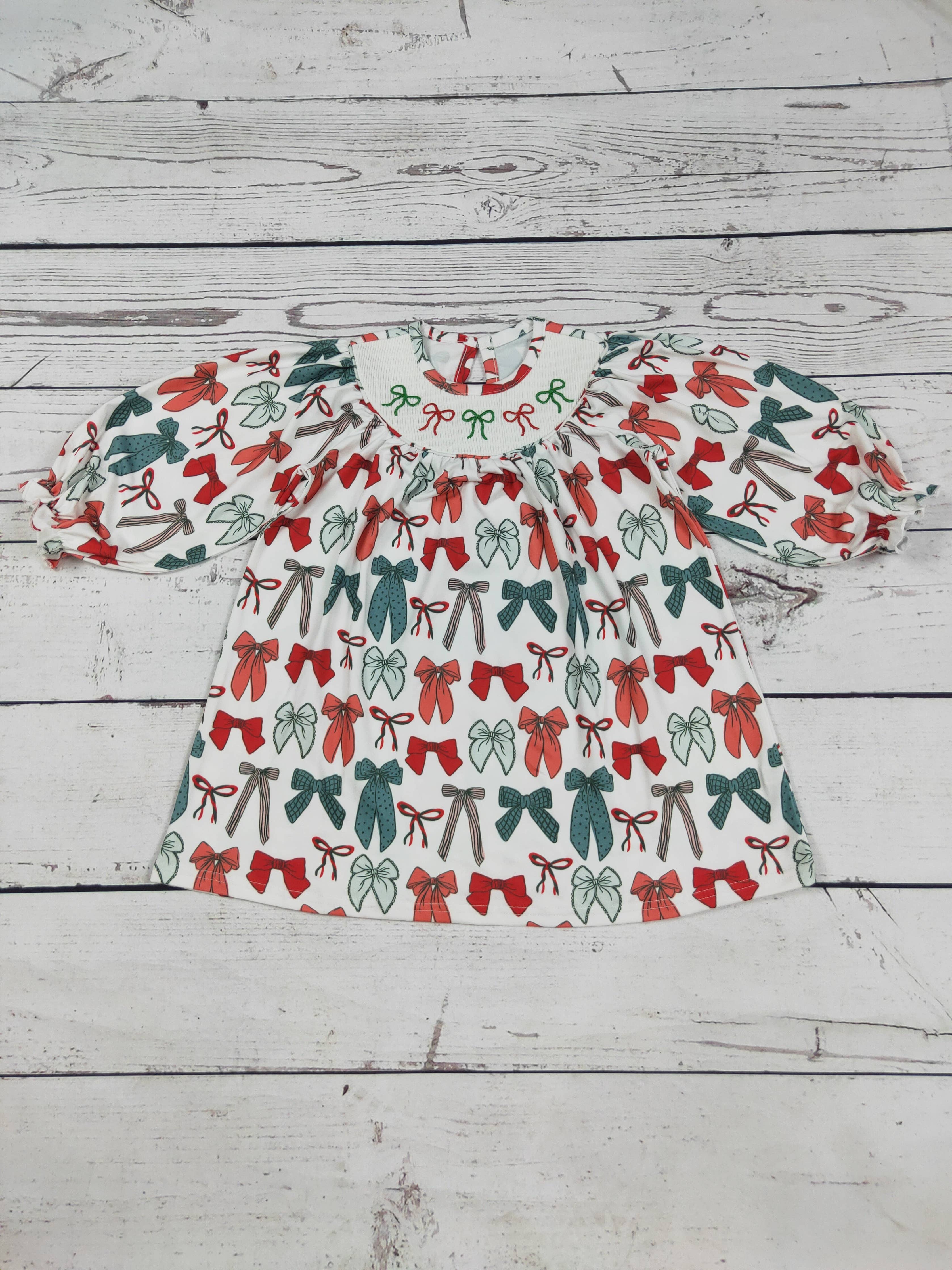 Bows Smocked Girls Christmas Dress