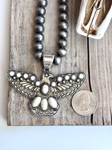 Western Thunderbird Pendant Navajo Style Pearl Bead Necklace: White