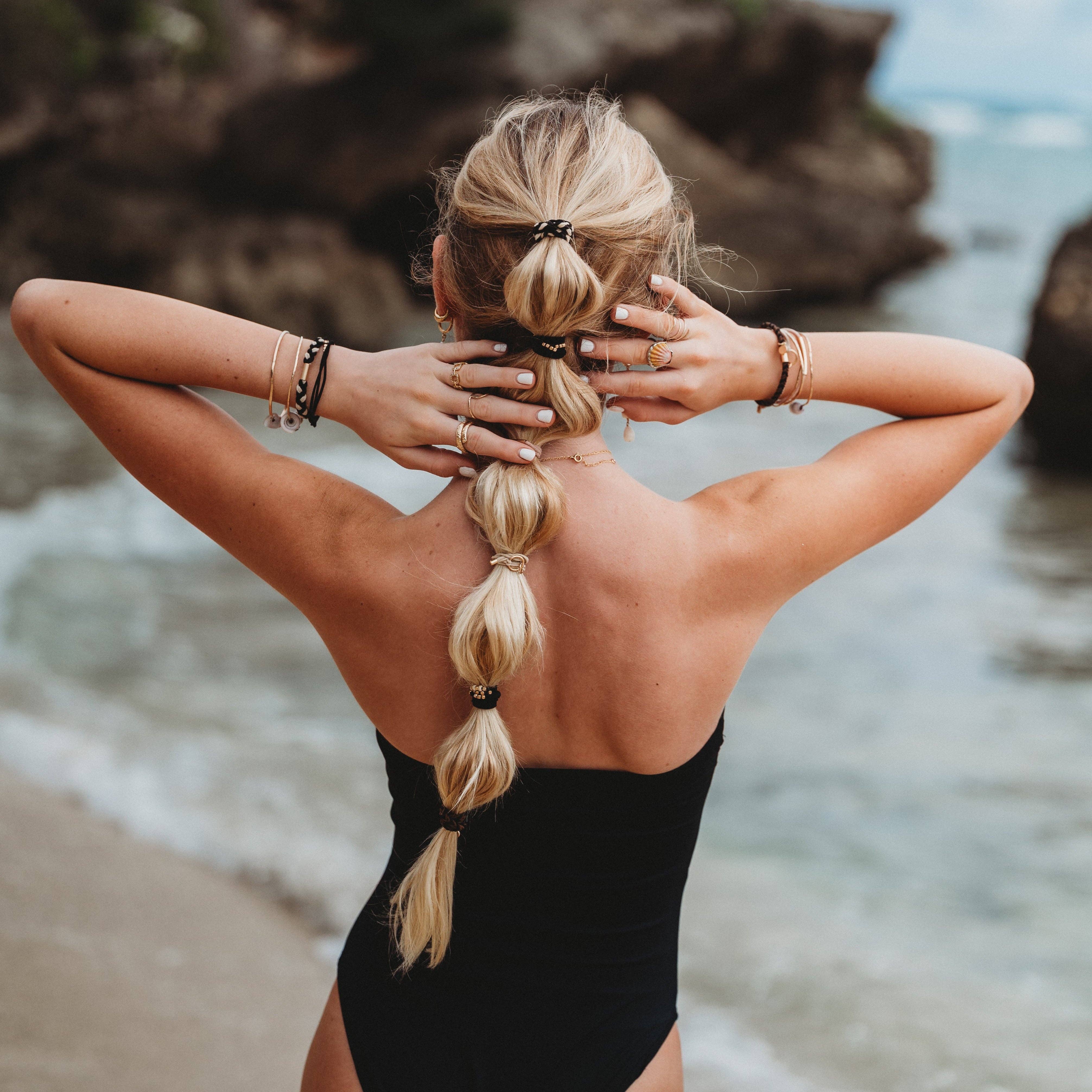 "Connect" Black and Cream with Gold Accent Hair Tie Bracelets: Medium