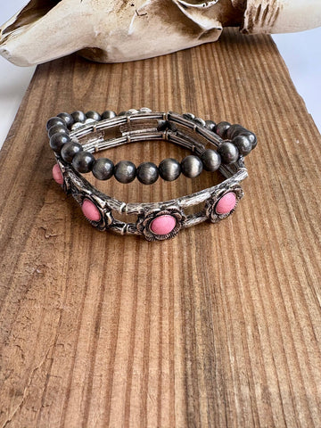 2 Layer Western Navajo & Stone Stretch Bracelet: Pink