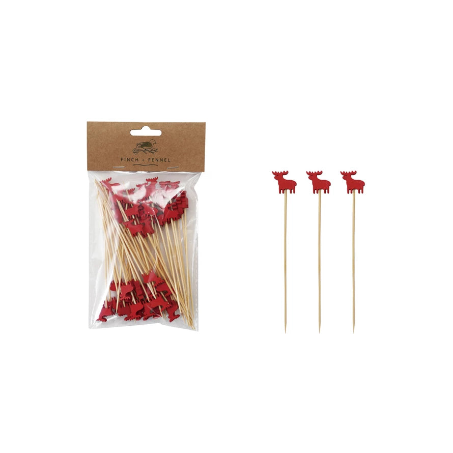 Bamboo Single Use Skewers with Moose Shaped Handles, Set of 50