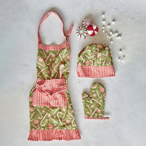 24"L x 20"W Cotton Child Apron w/ Pocket, Ruffle, Chef Hat & Hot Mitt, Set of 3