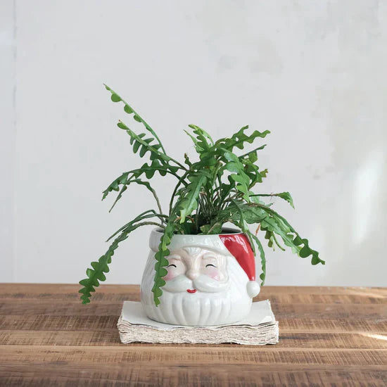 Stoneware Santa Head Shaped Planter, Red & White (Holds 5" Pot)