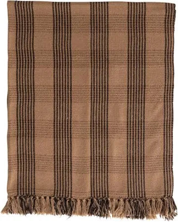 60"L x 50"H Woven Recycled Cotton Blend Plaid Throw with Fringe, Brown and Tan Color