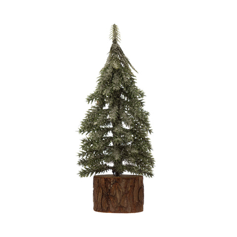 3" Round x 7-1/2"H Faux Fir Tree with Wood Slice Base, Snow Finish
