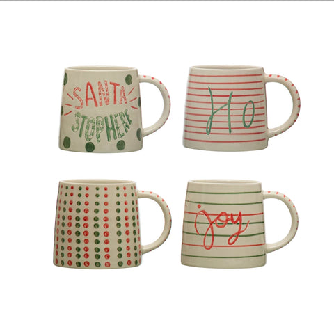 8 oz. Hand-Painted Stoneware Mug w/ Holiday Word/Pattern, Red & Green