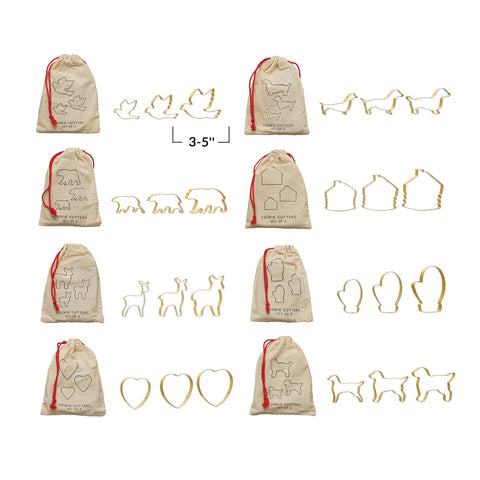 Stainless Steel Cookie Cutters in Printed Drawstring Bag, Gold Finish, Set of 3, 8 Styles
