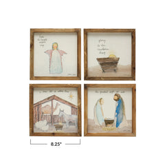 8-1/4" Square Fir Wood Framed Wall Décor w/ Christmas Saying & Scene, Multi Color, 4 Styles