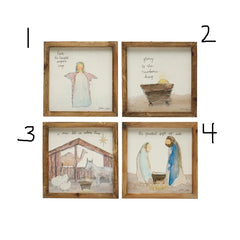 8-1/4" Square Fir Wood Framed Wall Décor w/ Christmas Saying & Scene, Multi Color, 4 Styles