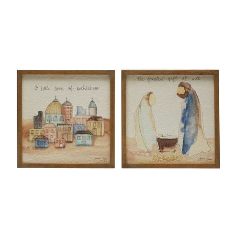 10" Square Fir Wood Framed Wall Décor w/ Holy Family/Bethlehem, Multi Color