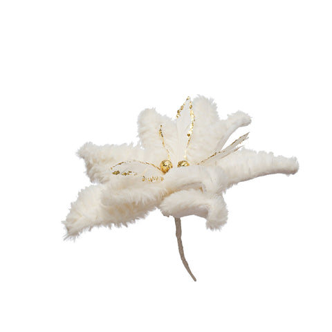 7" Round Faux Fur Poinsettia Clip-on Ornament w/ Glitter, White & Gold Finish