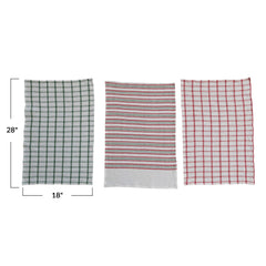28"L x 18"W Cotton Waffle Weave Tea Towel w/ Stripes/Grid Pattern, 3 Styles