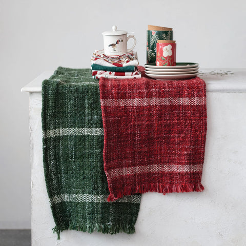 72"L x 14"W Woven Wool Blend Slub Table Runner w/ Stripes & Fringe, Green